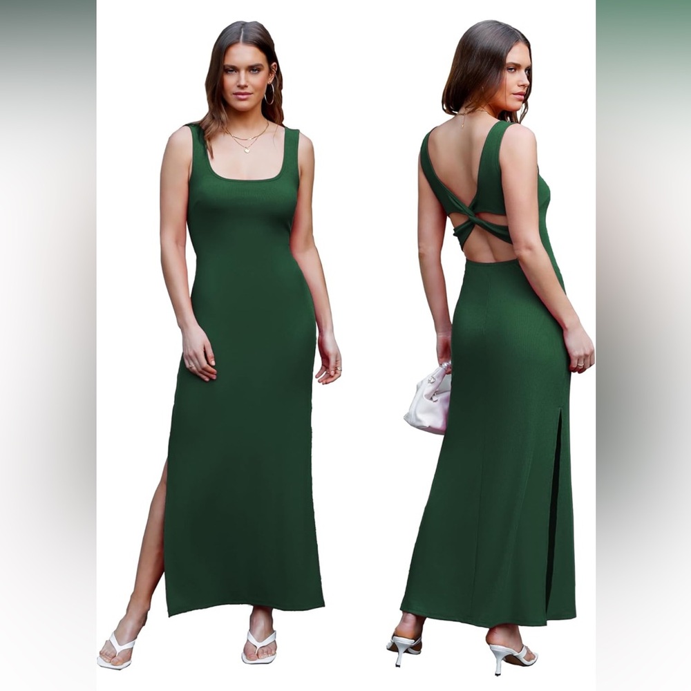 Backless Maxi Dress Sexy High Sides Slit Tank Dress Twist Back Casual Sundress